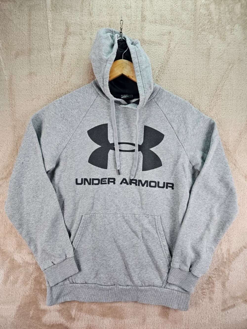 Under Armour Hoodie Big Logo Sweatshirt Gray Pullover Men's Size M Drawstring